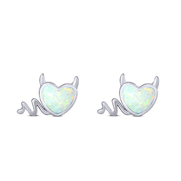Heart Devil Stud Earring Created White Opal Solid 925 Sterling Silver (9.5mm)
